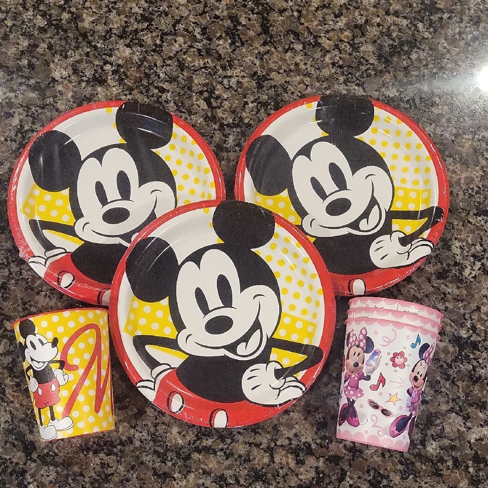 Lot of 7 Mickey Mouse Party Plates and Cups Set- 4 cups, 3 plate packs each 8 co